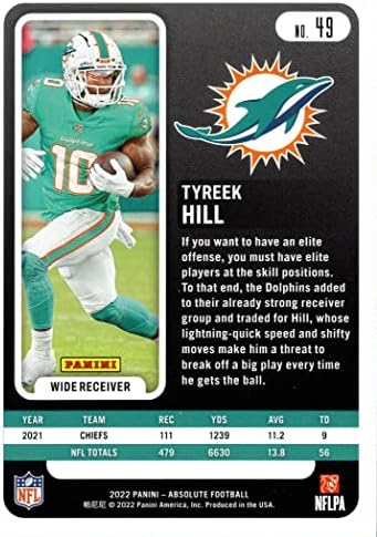 2022 Panini Absolute 49 Tyreek Hill Card Card Dolphins